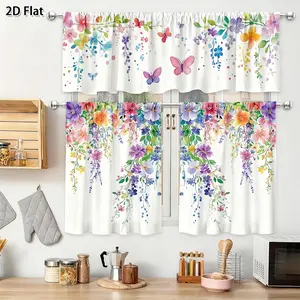 3pcs 2D Flat, 2D Flat. Spring Floral Butterfly Theme Curtain Set, Spring Kitchen Decor, High Quality Curtains, Kitchen Curtains., 2D Flat