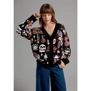 Gothic Skull Pattern Halloween Jacket Knit Cardigan - Retro Oversized Fit Long Sleeve V Neck Casual Winter Sweater D240724