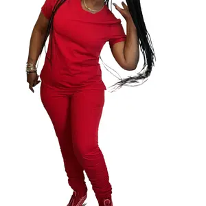 Helen Has by Women's Comfortable Leggings, Red, Stretchy Soft Fabric, Round Neck, Shortsleeve, Affordable, Breathable, Daywear, Style