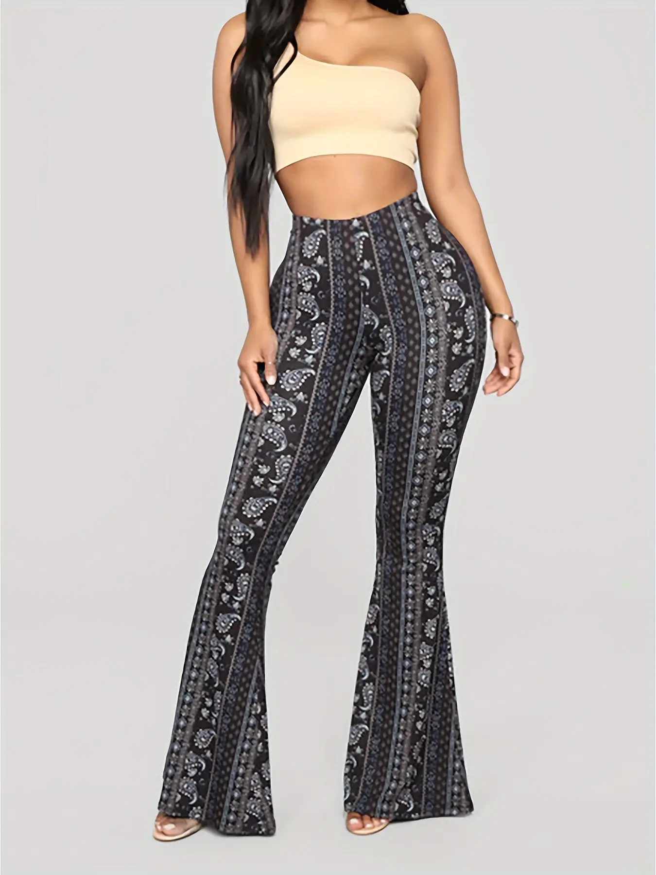 Women's High-Waist Polyester Multicolor Paisley Print Flare Bell Bottom Pants - Lady's Sexy Knit Boho 70s Style Casual Chic Trousers, All-Seasons Daily Wear
