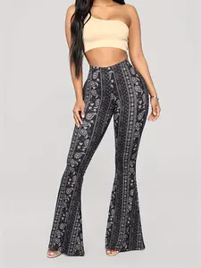 Women's High-Waist Polyester Multicolor Paisley Print Flare Bell Bottom Pants - 70s Bohemian Pants, Boho Fashion Trousers, All-Seasons Casual Chic Daily Wear Trousers