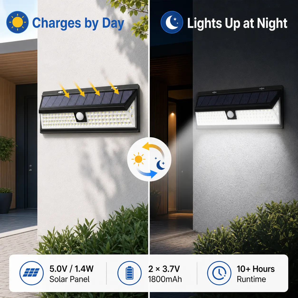 180 LED Solar Motion Sensor Wall Light, 600 Lumens, 3 Modes, IP65 Weather-Resistant Fixture for Garage, Porch, Yard and Patio