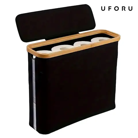UFORU Large-Capacity Foldable Portable Toilet Paper Holder with Lid - 16.14x13.8x5.9in Classic Eco-Friendly Wooden-Frame Bathroom Accessory, No Assembly Required, Durable Grey Fabric Home Organizer