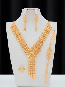 Wedding Dinner Sparkling Flower Jewelry Set of 5 Brass Abrasion Resistant Champagne Gold Plating, Three-dimensional Flower Cutouts Small Flower Tassels Middle Eastern style adapts to the bridal look Ramadan trend Earrings Set Necklaces