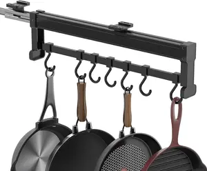 22" Adjustable Pot Racks, Pull Out Pot and Pan Organizer with 7 Hooks, Expandable Utility Kitchen Cabinet for Hanging