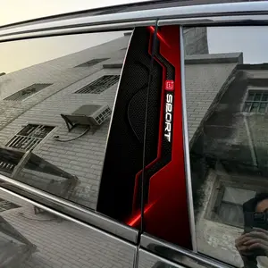 2pcs Red - black texture, Red light strip, White SPORT text B-pillar Waterproof Car Sticker DIY Car Door Pillar Decorative Sticker Decal For Cars