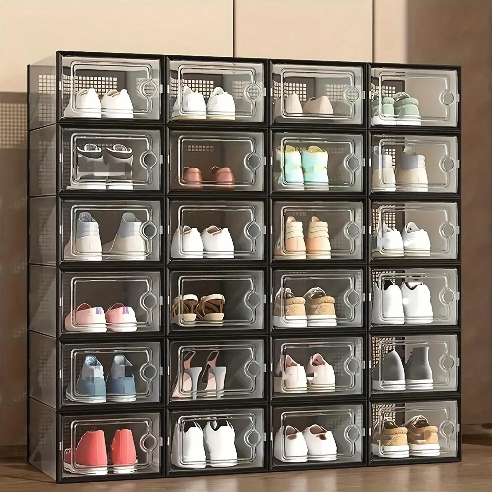 12/24pcs Thick Transparent Shoe Box with Lid, Foldable And Stackable Shoe Rack, Space Saving Storage Organizer -Free Combination, Plastic Sports Shoe Container - Suitable for All Shoe Types - Ideal for Foyer, Bedroom, Home, Dormitory