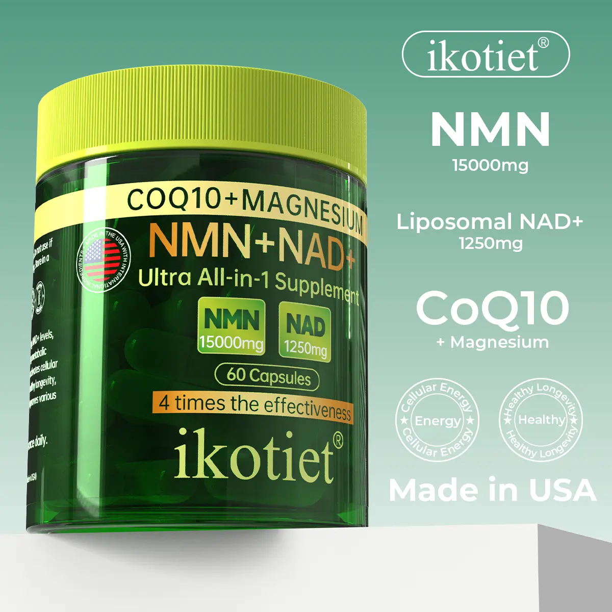ikotiet Complex Supplement | Contains NMN+ (15,000mg), NAD+ (1,250mg), and Magnesium | Daily health support and cellular repair vitamin supplement | Boosts energy and promotes sleep — Vegan capsules with CoQ10 and Magnesium (60 capsules)