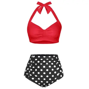 Holipick Women High Waisted Bikini Set Two Piece Tummy Control Swimsuit Halter Top with Bottom Bathing Suit Plus Size Swimsuit for Women Vintage Swimwear Ruffle Swimsuits