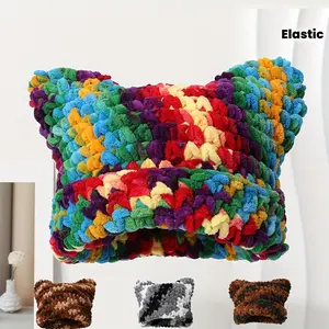 Y2K Fashion Cat Ears Beanie Hat, 100% Handmade Crochet Plush Pullover, Elastic Lightweight Warm Winter Headwear with Tie-Dye Pattern, Cat Hat