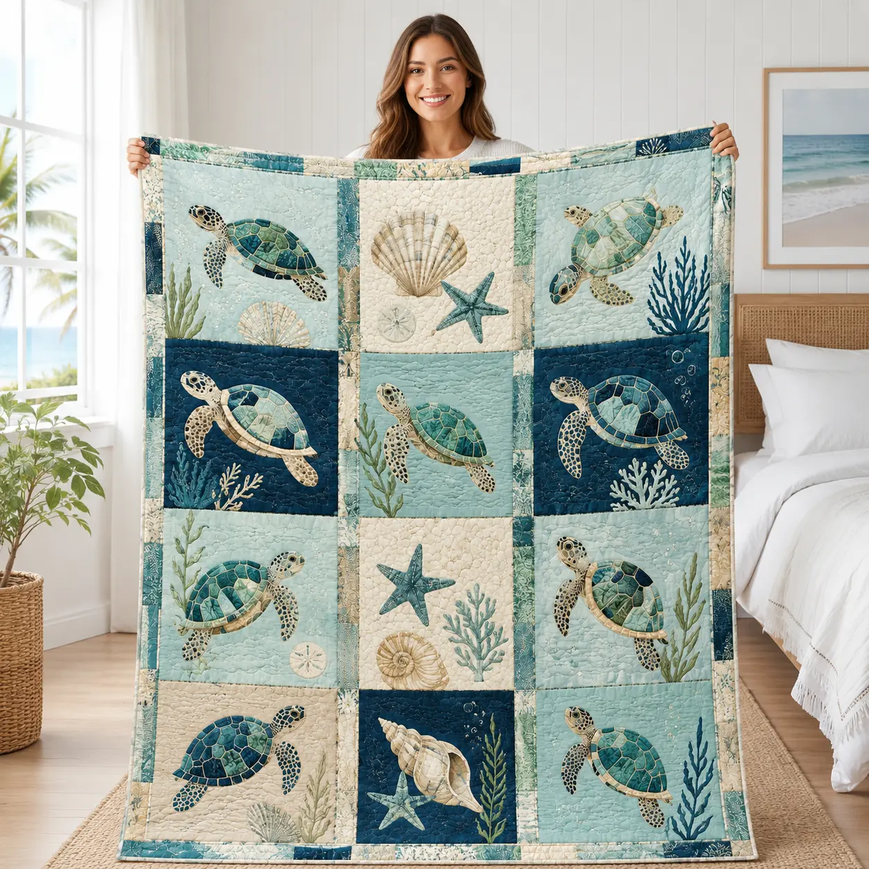 Sea Turtle Coastal Patchwork Flannel Throw Blanket, Ocean Marine Life Soft Fleece Blanket, Nautical Beach House Cozy Blanket for Couch Bed, Coastal Home Decor Gift