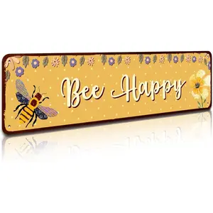 Outdoor/Indoor Decorative Tin Plaque - Bee Happy Garden Sign - Kitchen & Beehive Decor - 4x16 Inch - Street Sign Style Decor - Easy to Hang