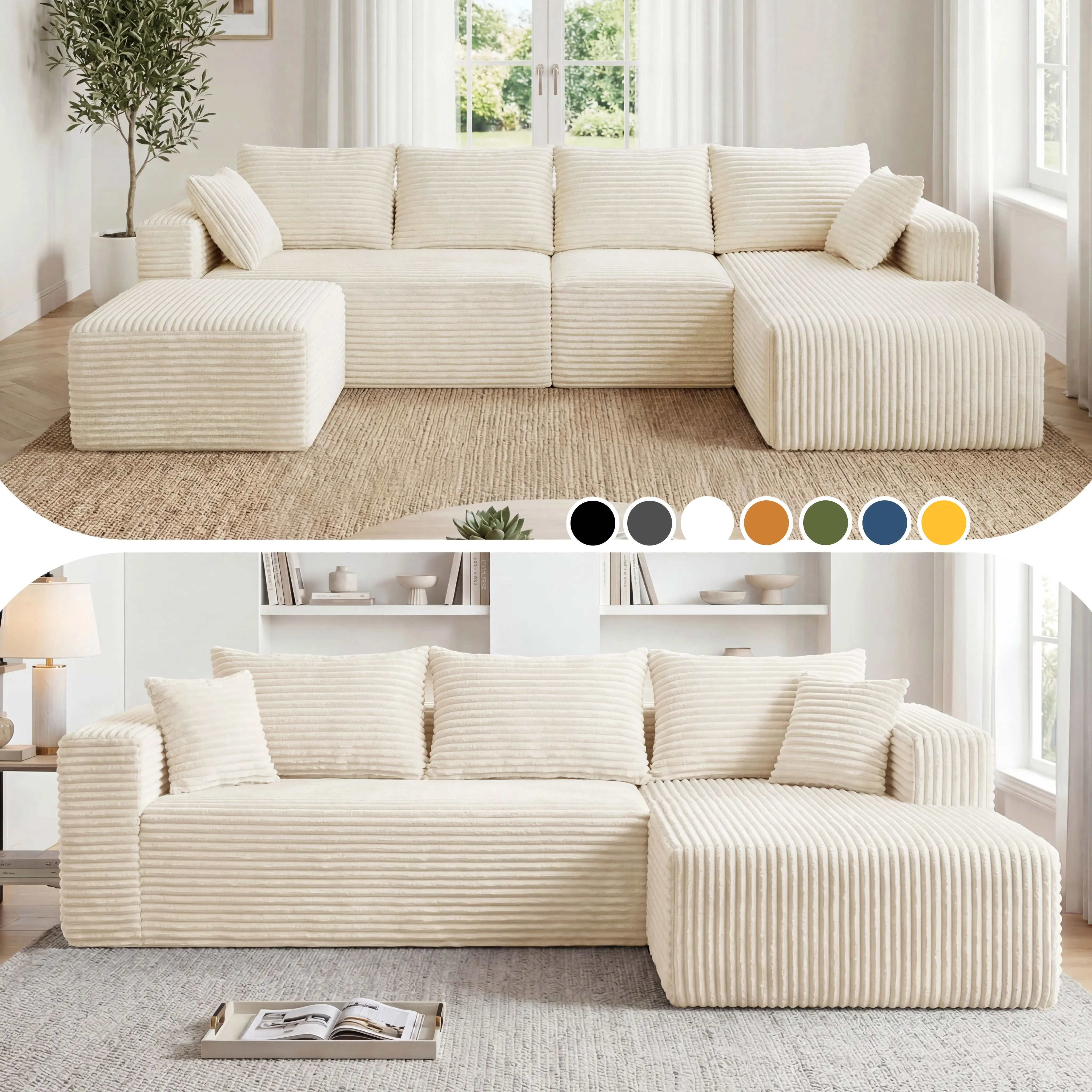 118&92.5" L/U-Shaped Modular Boneless Sectional Couch Oversized Deep-Seat No Assembly Required Suitable for Living room/Bedroom/Apartment 0015BG