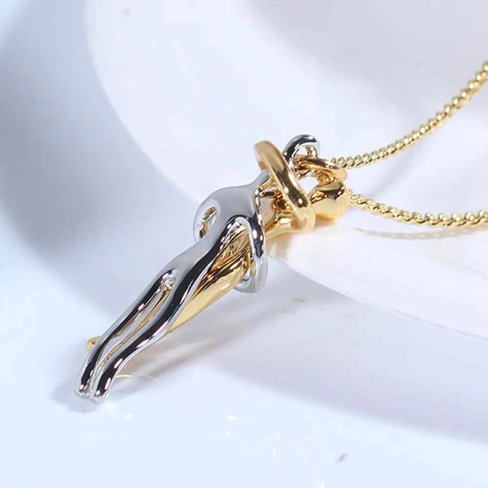 Gold and Silver Hugging Couple Pendant Necklace Unisex Unique Design Entwined Figures Mixed Metal Tones New Gift for Sentimental Occasions