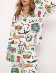 Italy-Inspired Satin Pajama Set – Iconic Italian Print Long Sleeve & Pants Lounge Set