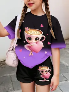 Vintage Cute Cartoon Character Print Girl Casual Short Sleeve Shorts Set, Tea Cup Girl Ballet Girl Cappuccino Guardian Adventure