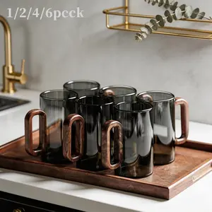 Viral Aesthetic Smoky Gray Borosilicate Glass Cup Set 1/2/4/6 Pcs, Food Grade Lead Free Heat Resistant Thickened Mugs with Walnut Wooden Anti-Scald Handle, Dishwasher Safe Drinkware for Coffee Tea Latte, Home Office Kitchen Decor Housewarming Gift