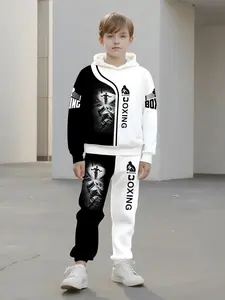Kids Boxing Warrior Yin Yang Patchwork Long Pants Set, Casual Slim-Fitting Spring & Fall, Random Print Hoodie Suit