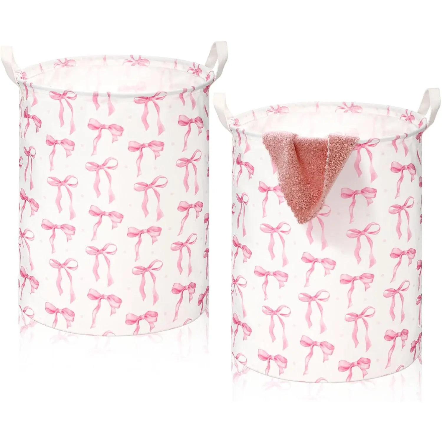 2 Pink Laundry Basket Coquette Storage for Hamper with Handles Foldable Waterproof Collapsible Bin Organizer College Dorms Bathroom(Bow)