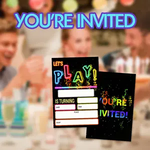 12 Birthday Party Invitations with Envelopes, Neon Theme for Boys or Girls, Double-Sided Design, Fun Party Cards, Holiday Party Supplies Decorations