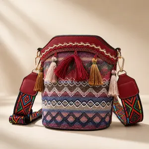 Trendy Boho Ethnic Woven Bucket Bag for Women | New 2026 Fashion Fringe Tassel Shoulder Crossbody Purse | Unique Bohemian Chic Summer Beach Vacation Tote Perfect for Everyday Casual Travel | Aesthetic Hippie Festival Gift for Her