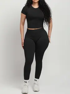 Slim-Fit Seamless Workout Sets for Women 2 Piece, Workout Running Outfits, Round Neck Seamless T-Shirt Tank Top + Scrunch Butt Lifting Leggings Mid Low Waist Tummy Control Yoga Pants, Outdoor, Athletic Workout Clothing, Gym Outfits