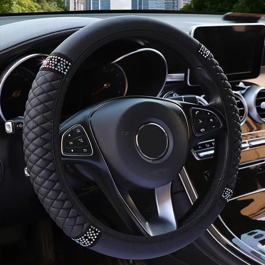 Microfiber Leather Steering Wheel Cover, Anti-Slip Lining Universal Car Accessory for 14.5-15 in Diameter Steering Wheels (Black), Steeringwheel Cover