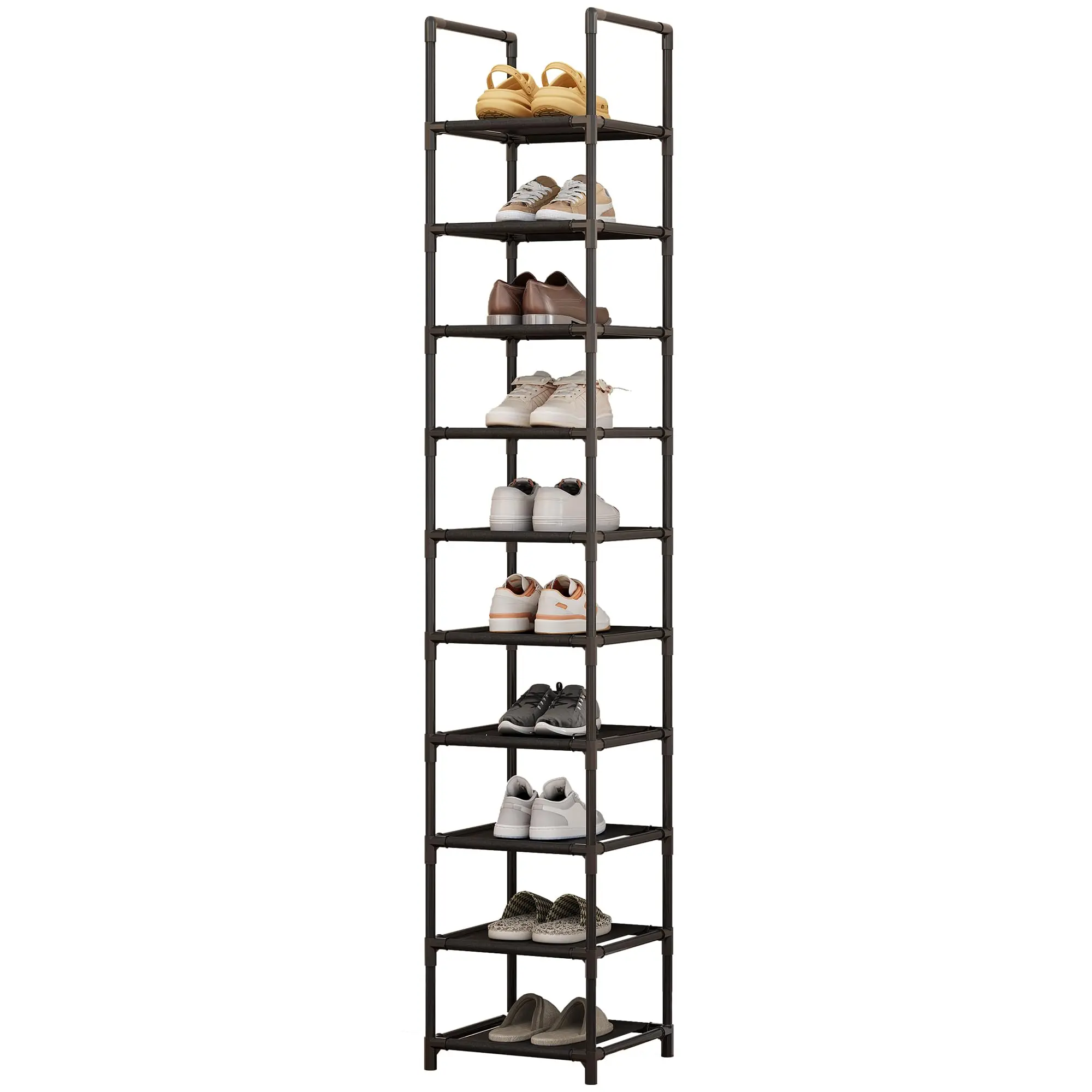 Garvee Contemporary 10-Tier Metal Shoe Rack - Durable Frame, Removable Fabric Shelves, Adjustable Expandable Shoe Organization, 12.99"d x 12.99"w x 68.11"h, 3.53 lbs, Floor Mount Corner Shelf for Closet, Wardrobe Dorm Room, House Reset, Closet Storage, 3.
