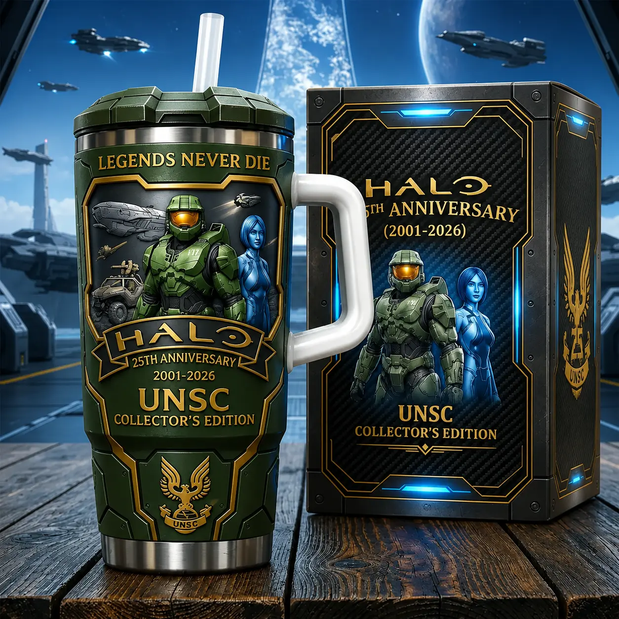 Halo 25th Anniversary 40oz Tumbler With Handle, Master Chief UNSC Collector's Edition Vacuum Insulated Stainless Steel Travel Mug Gift