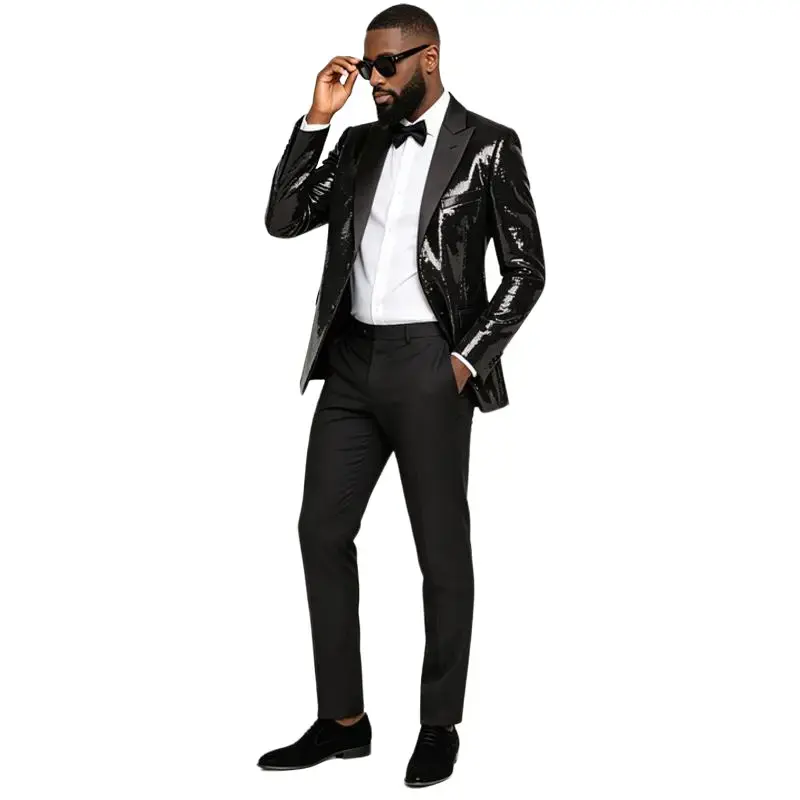 Men's Fashion Long‑Sleeve Slim‑Fit Shiny Sequin Tuxedo Blazer, Perfect for Prom, Halloween Costumes & Christmas