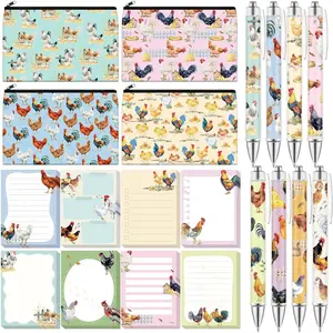 Eaasty 20 Pieces Chicken Gift Set Sticky Notes with Roosters Chicken Pens, Pencil Bags Makeup Bags, 3 x 4 Inches Cute Note Pads, Funny 1.0 mm Ballpoint Pens, Office Supplies for Women