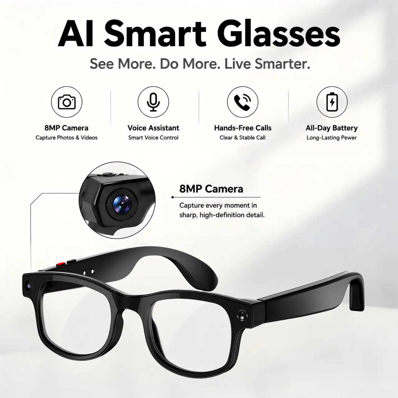 2026 Model Minimalist Modern Transparent Smart Glasses - Multifunctional Wearable with 8MP Camera, 1200p HD Video Recording, Bluetooth 5.3 Audio, Real-Time Transl, 220mAh, Wireless & Button Touch Control, Ideal for Travel, Sports
