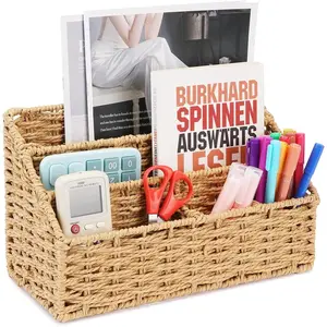 Woven Mail Organizer for Desk Countertop, Desktop Mail Holder Sorter Storage Basket with Envelope Letter File Compartments