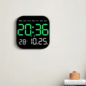 Large Display Digital LED Wall Clock, Battery Operated Wall Clock with Temperature Date Weekday Display, Adjustable Brightness, Alarm Timer, Modern Hanging/Table Clock for Living Room Bedroom Home Decor