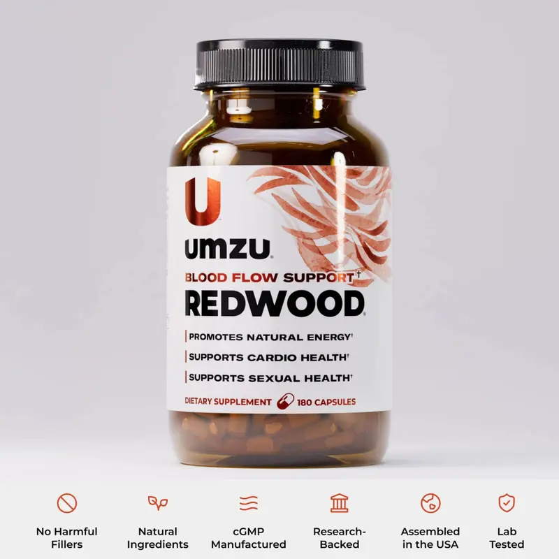 UMZU Redwood Natural Dietary Vitamin Supplement Capsules - Nicotine-Free, 180-Count Bottle, Fitness & Gym Performance Support, Gluten-Free, Natural Nitric Oxide for Blood Flow, Heart Health & Circulation Boost