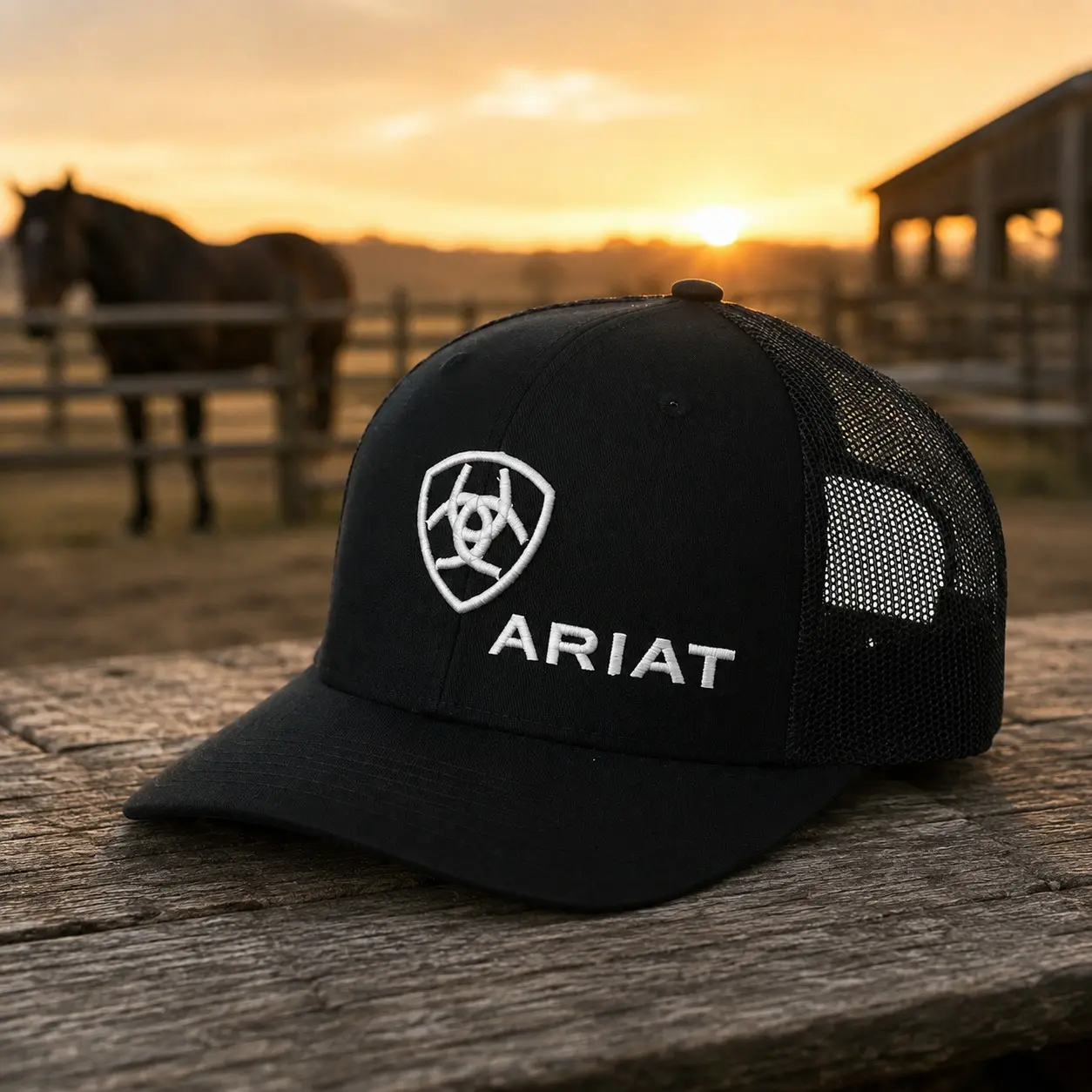 Ariat Trucker Hat, Black Embroidered Mesh Snapback Cap, Western Cowboy Ranch Hat, Horse Lover Country Hat, Rodeo Gift for Him