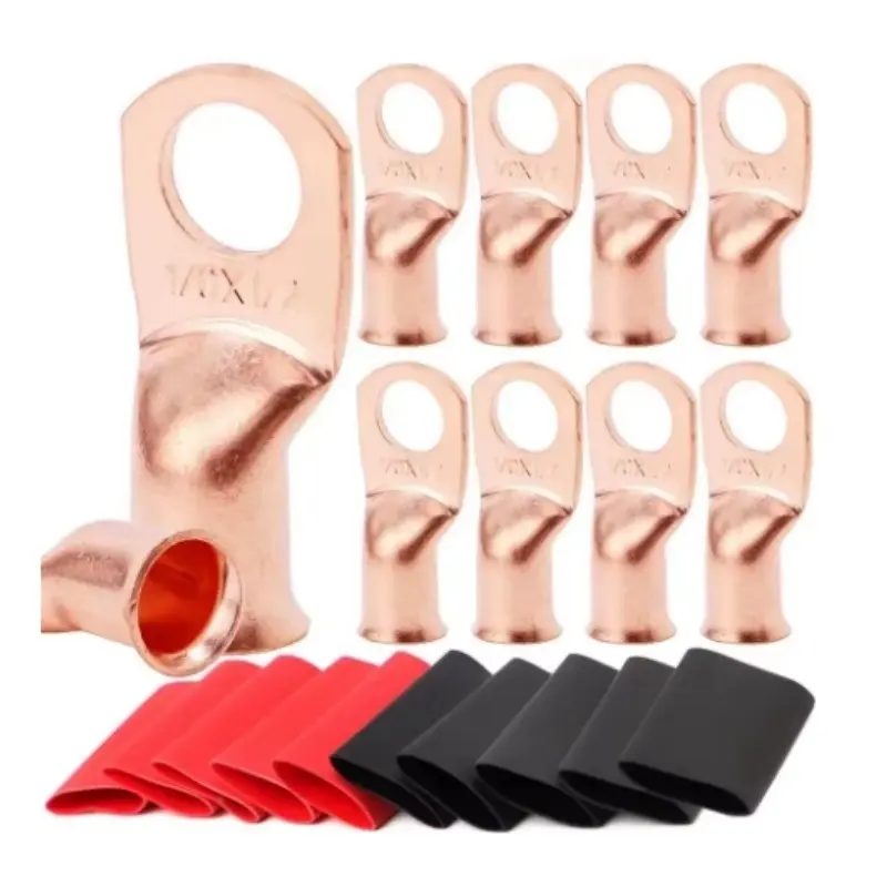 20pcs Copper Terminal Connectors, AWG 2 4 6 8 1/0 2/0 Ring Lug With Shrink Tubing 10Battery Cable Lugs, With 10 Shrink Tubing, Wire Terminal Connectors
