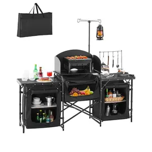 fathersdaygift VEVOR Camping Kitchen Table, Outdoor Camp Cooking Table, Aluminum Portable Cook Station with 3 Storage Cupboard, Carrying Bag, Detachable Windscreen, Quick Set-up for BBQ Party Picnic RV Travel, Black