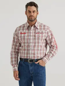 Wrangler PBR Logo Long Sleeve Plaid Western Snap Shirt