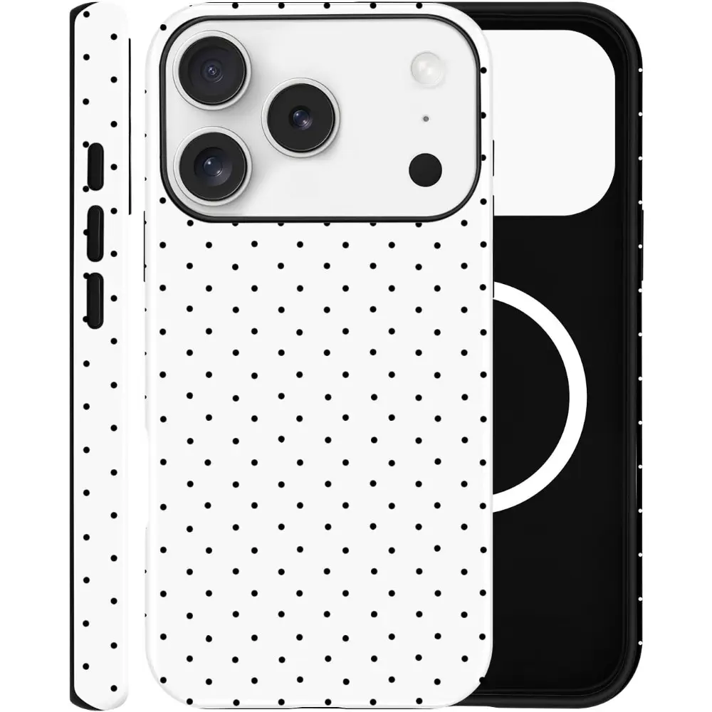 Magnetic Phone Case Compatible with iPhone 17 Pro Max, 16e, 15, 14, 13, 12 mini, 11,Aesthetic Polka Dot Cute Design for Women, Hybrid 2-Layer Hard Shell Phone Cover, White