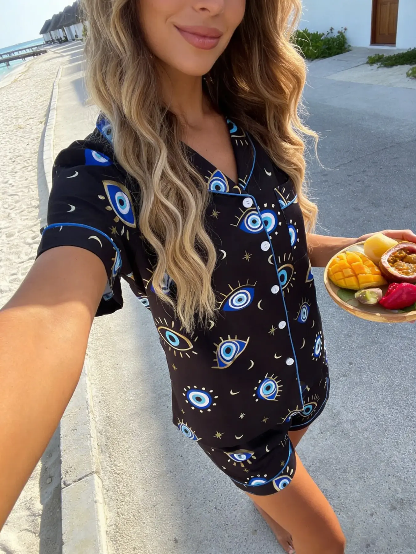 Women's Short Sleeve Pyjama Set, Deep Blue Bottom Gold Devil Eye Full Print, Comfortable Breathable Casual Home Wear, Loungewear, Pajama Set