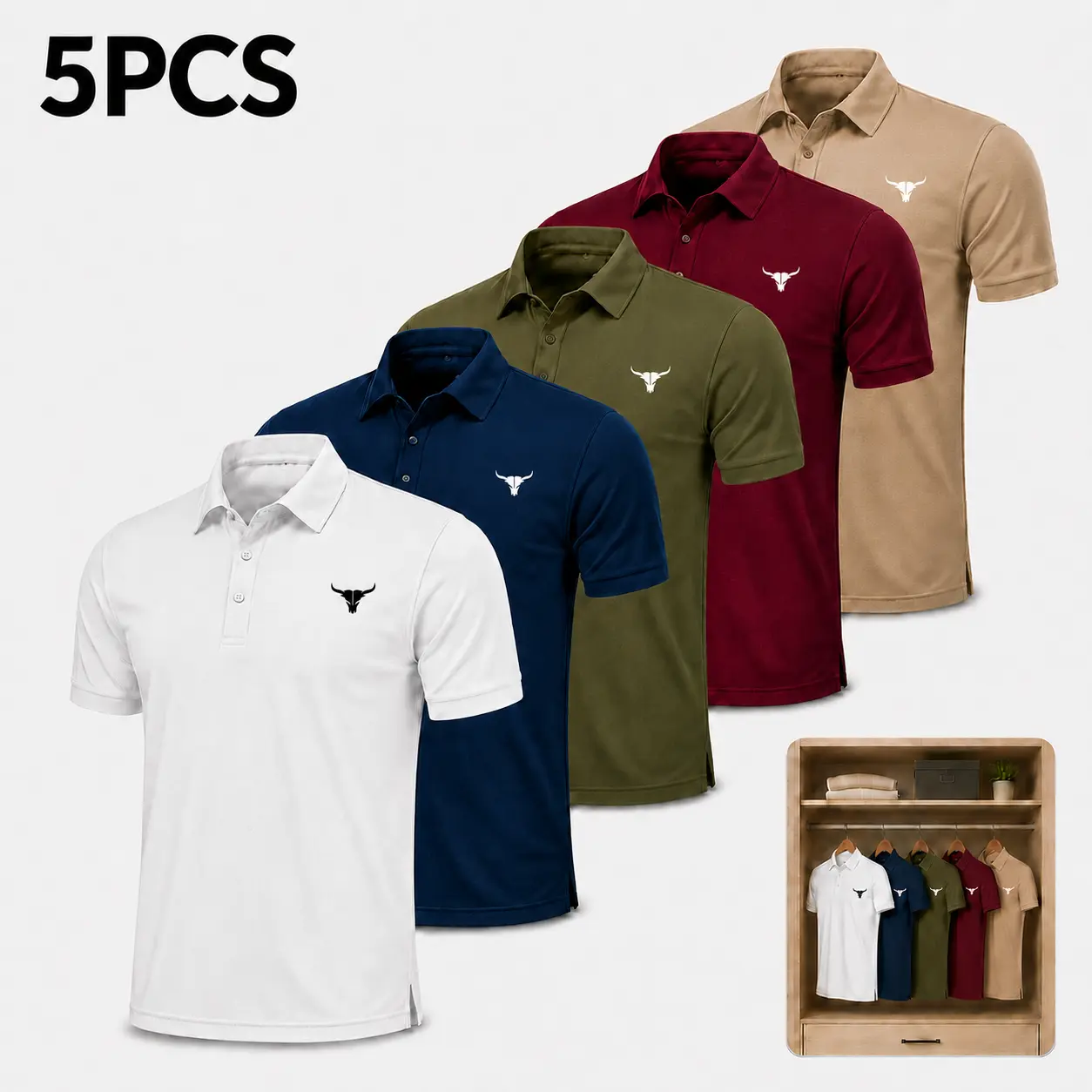 Men's 5-Pack Short Sleeve Polo Shirts - Comfortable Casual Fit, Classic Collared for Work, Golf & Everyday Wear Athletic Fabric