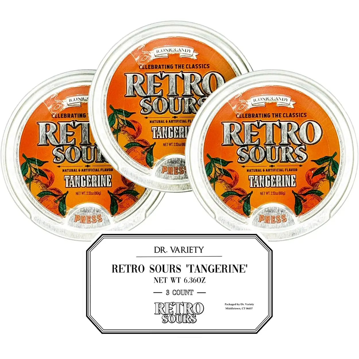 Retro Sours Tangerine (3 Pack) - Nostalgic Sour Candy, 3 Hard Candy Tins - Retro Sour Drops, Orange Mints
