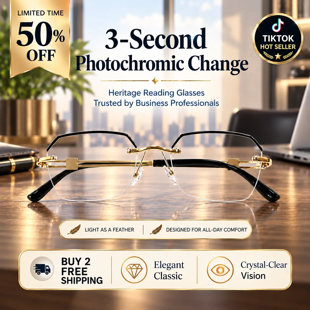 Premium Rimless Multifocal Reading Glasses – Photochromic Lenses with Blue Light Filtering, Lightweight PC Frame, Gold Metal Hinges, Available for Men & Women