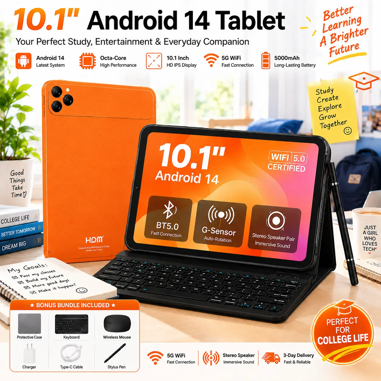 Back to School Android 14 Tablet 10.1 Inch, 8+256GB, 2K HD Touchscreen, WiFi & SIM Supported, Keyboard Mouse Stylus Included, Student Tablet for School, Study & Online Learning