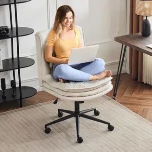 VINGLI Cloud Criss Cross Legged Chair,18" High Back Armless Home Office Desk Chair with Wheels,Wide Adjustable Comfy Padded Seat Task Computer Chair,Modern Swivel Makeup Vanity Chair,Microfiber