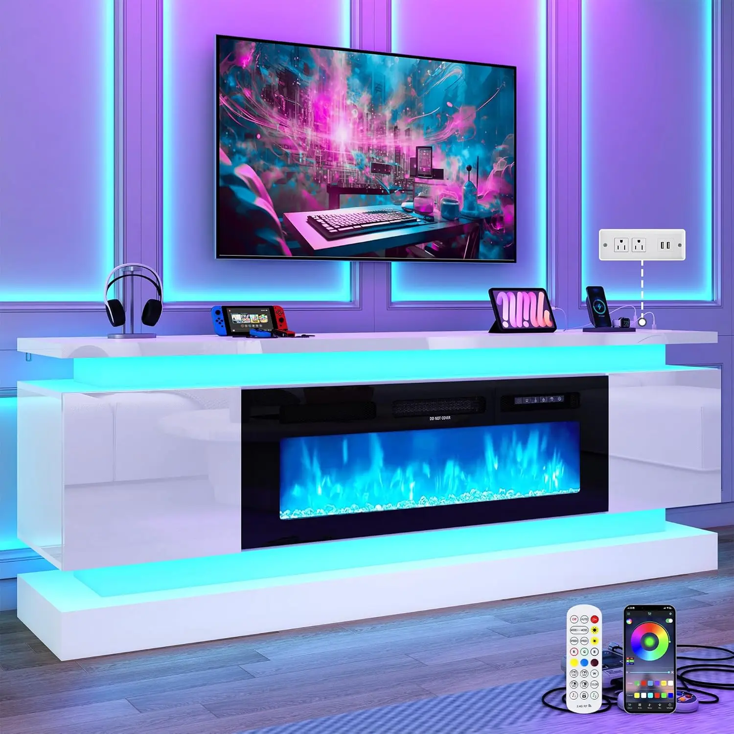 71in/81in Fireplace TV Stands w/40 inch/50 inch Fireplace Power Outlet for 85/80/75/85/90 Inch TV,High Glossy Modern TV Console Gaming Entertainment Center with 2 Storage Cabinets,Dual LED Lights,Black/White