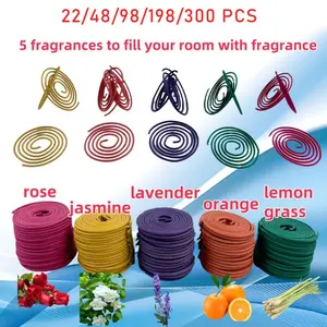 5 Flavor Mixed Spiral Incense Coil, Aroma Blend Scented Jasmine Rose Lavender Lemongrass Orange Fragrance, 3-4 Hour Burn Time, Yoga Meditation Home Office Outdoor Use, Home Fragrances