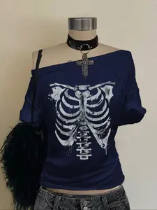 Chest bone contour pattern print, women's casual commuting loose sloping shoulder off shoulder Knit T-shirt, Y2K style, Streetwear, print design suitable for party wear, trendy casual styling for social activities