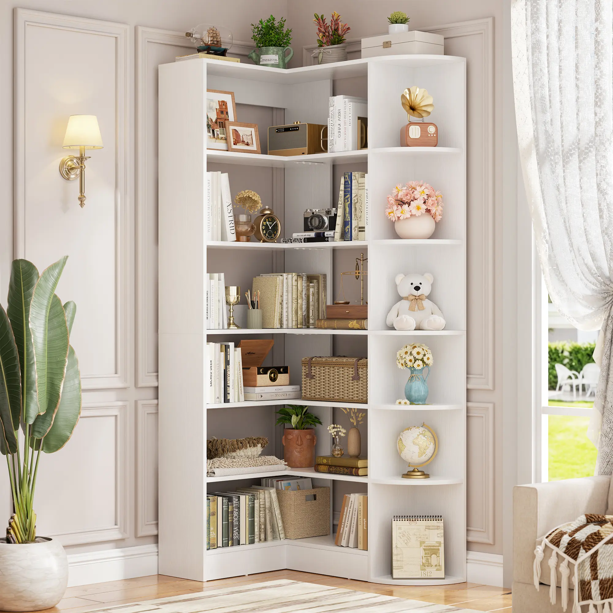 6-Tier Corner Bookshelf, 71" Freestanding L-Shaped Book Shelf with Baffle, Sturdy Corner Open Display Shelf Bookcase for Home Office Living Room